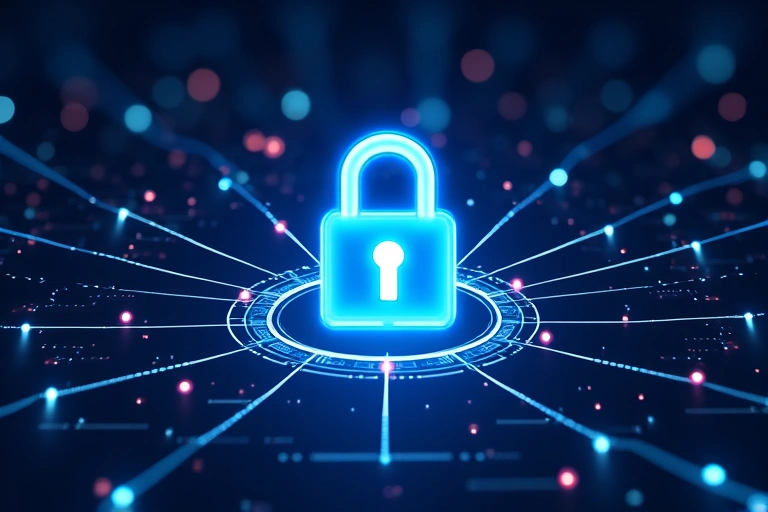 Cybersecurity lock icon on a secure network background